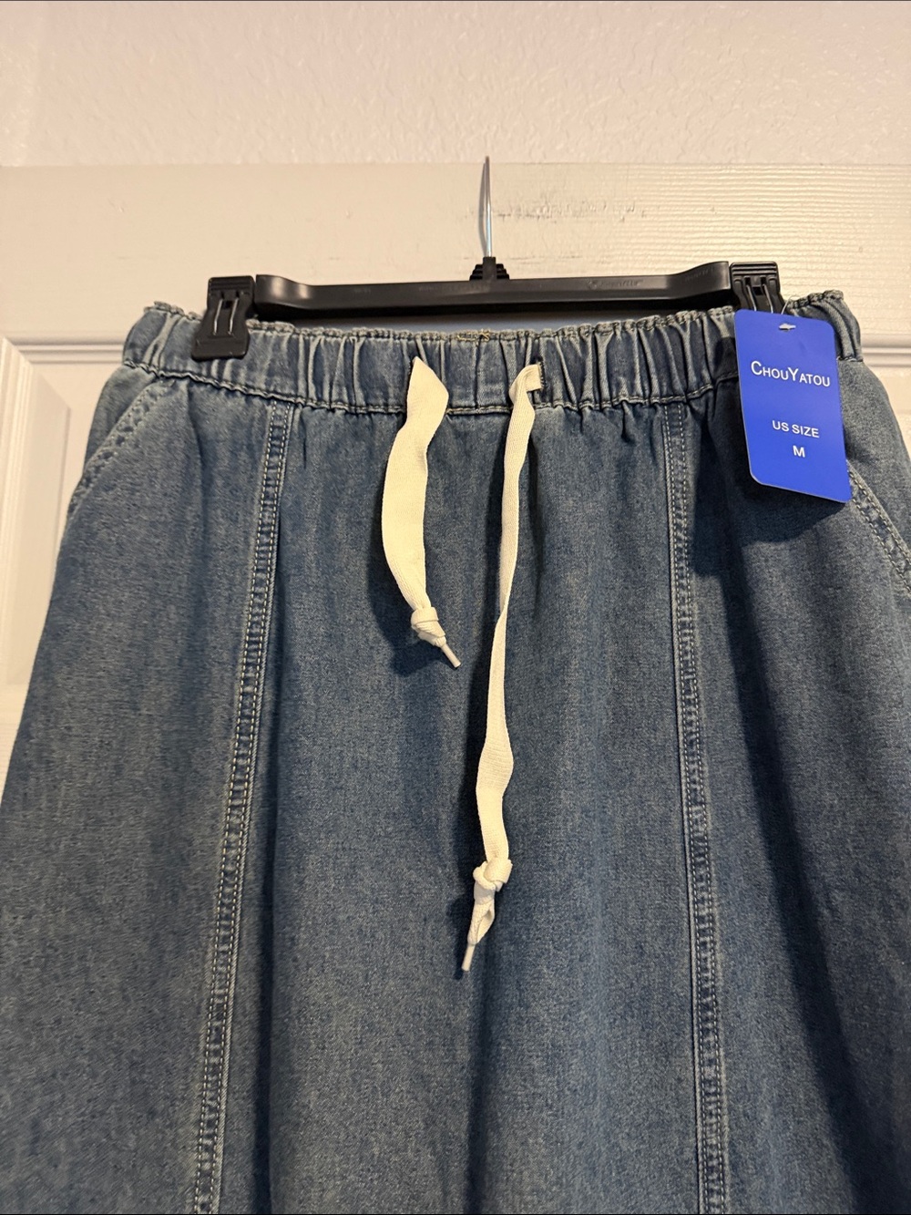Denim Midi Skirt with Drawstring Waist - Blue - Picture 4 of 6